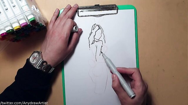 Amateur doodle artist draws a sexy figure with markers