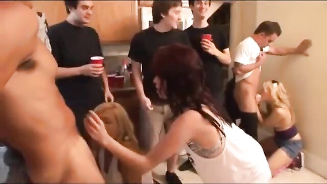 Watch as these sexy college girls get down and dirty at a frat house party