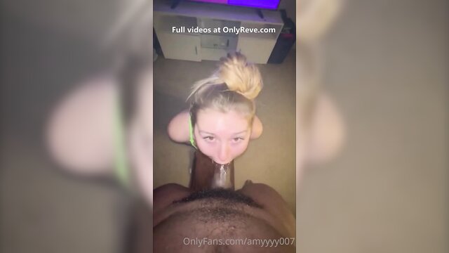Teen blonde deep throats big black cock and gets cum on face