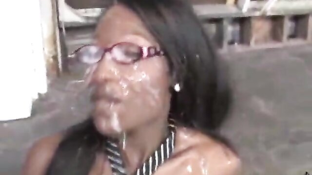 Black ebony girl gets white cum on her face in group sex